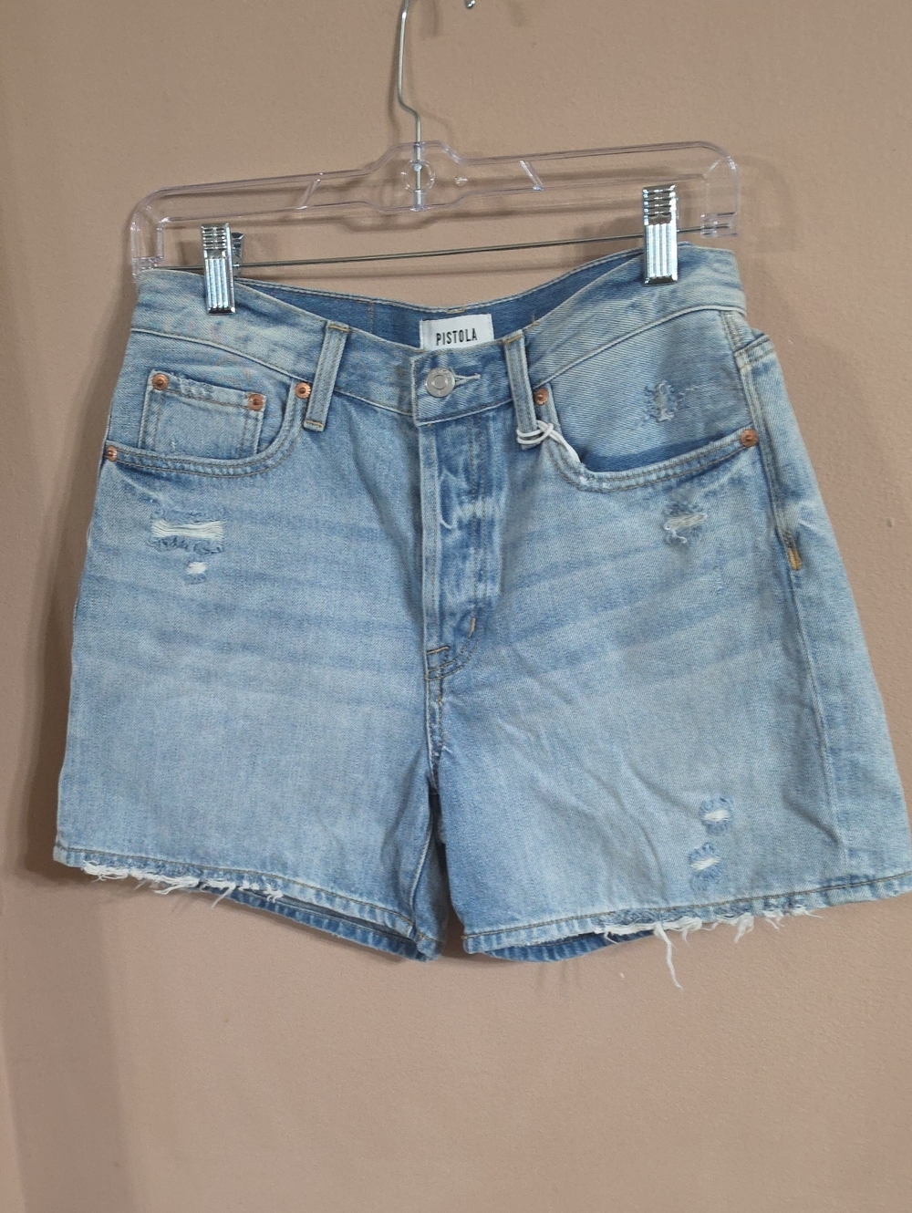 pistola Light Wash Distressed Denim Shorts